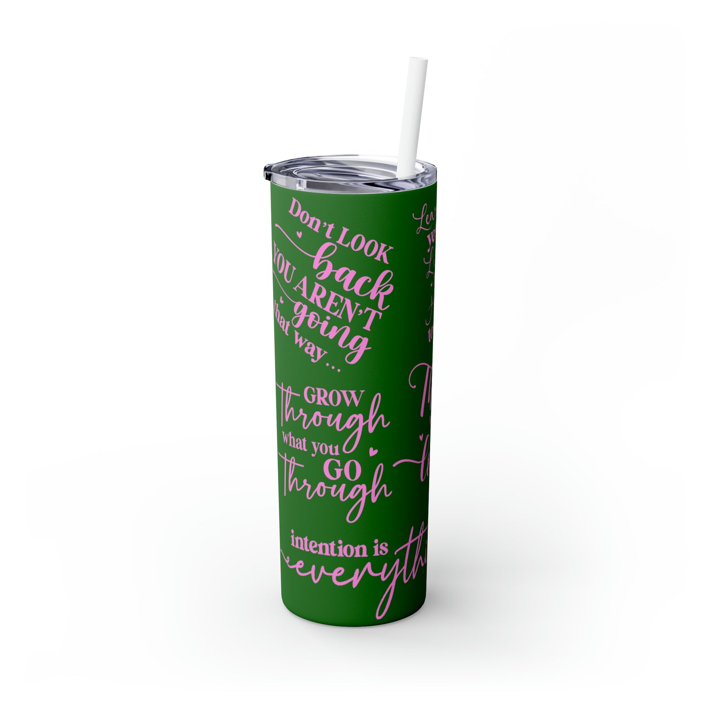OOI- Green Skinny Tumbler with Straw, 20oz Pink Text