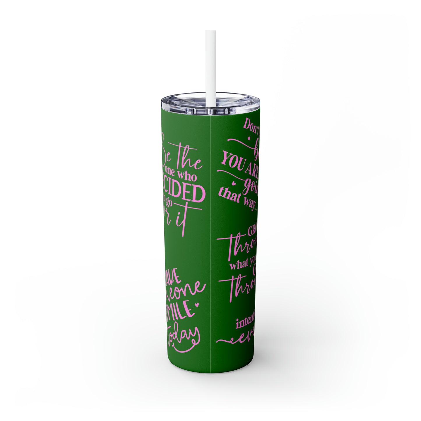 OOI- Green Skinny Tumbler with Straw, 20oz Pink Text