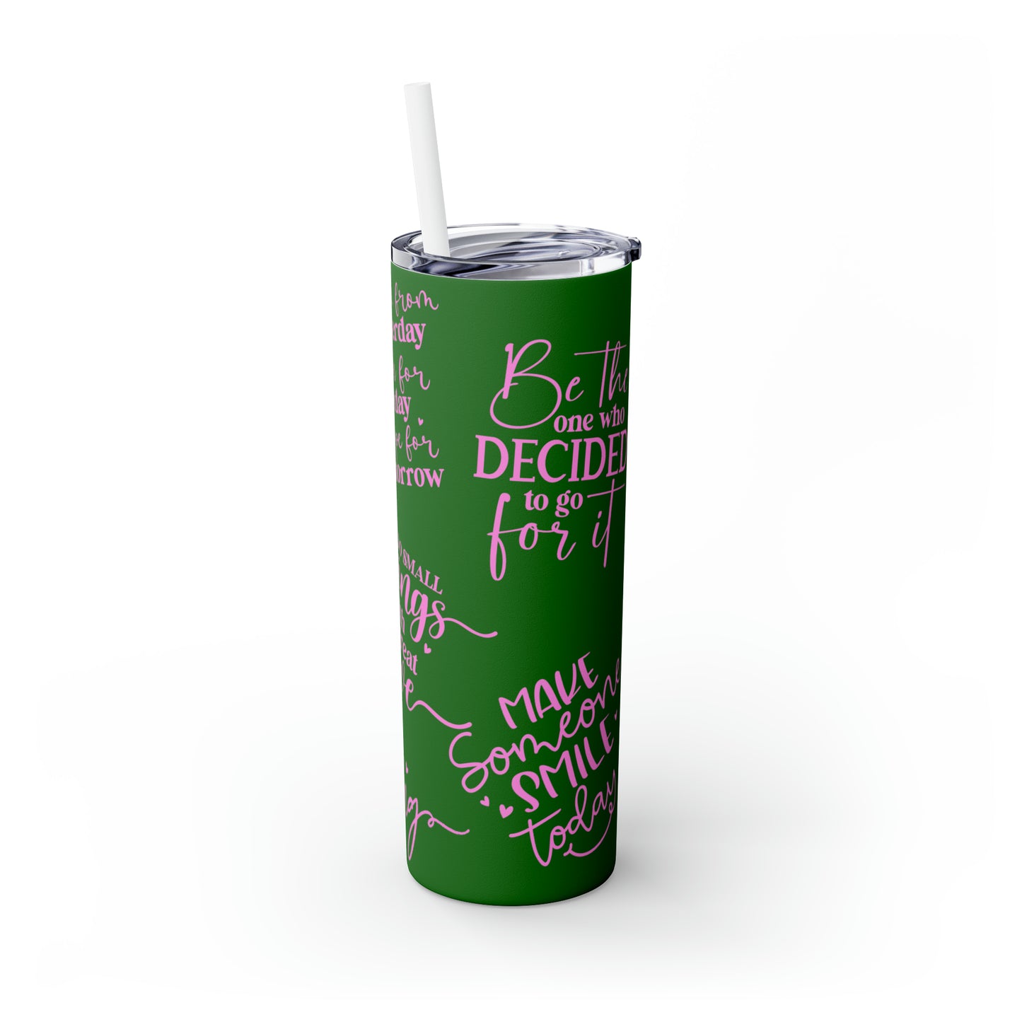 OOI- Green Skinny Tumbler with Straw, 20oz Pink Text