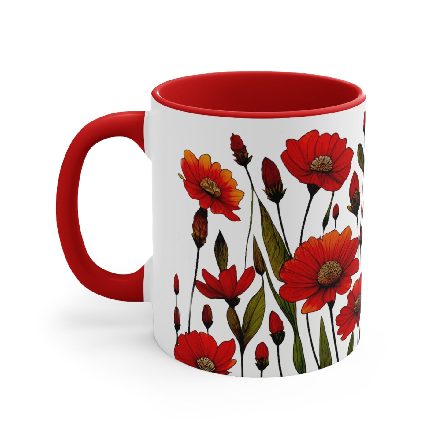 OOI- Red Floral Accent Coffee Mug, 11oz
