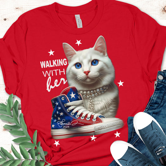 Kamala Harris 2024 Election Tee – Patriotic “Chucks, Pearls, & Cat Ladies” Design with Kamala’s Signature