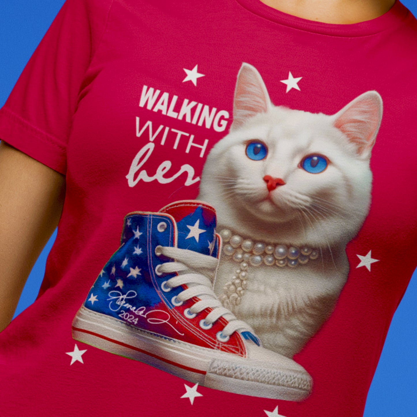 Kamala Harris 2024 Election Tee – Patriotic “Chucks, Pearls, & Cat Ladies” Design with Kamala’s Signature