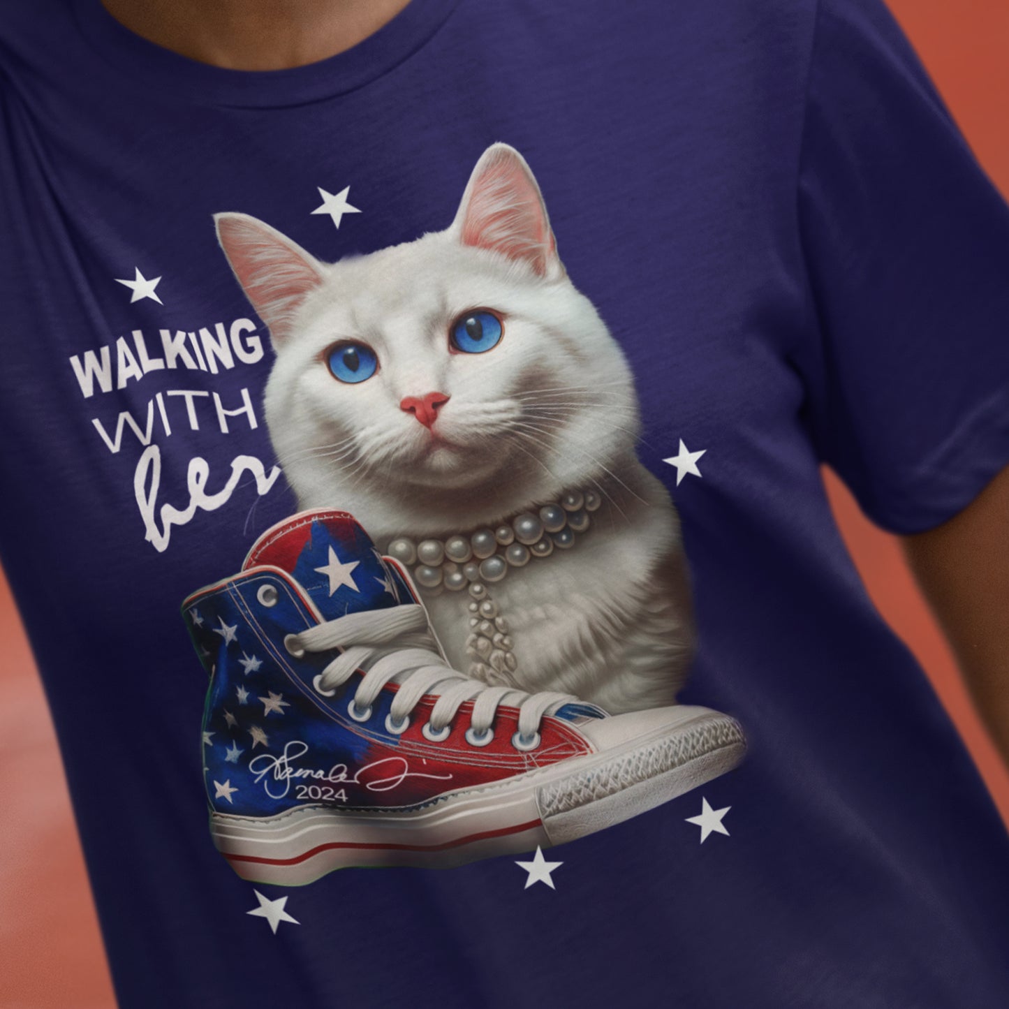 Kamala Harris 2024 Election Tee – Patriotic “Chucks, Pearls, & Cat Ladies” Design with Kamala’s Signature