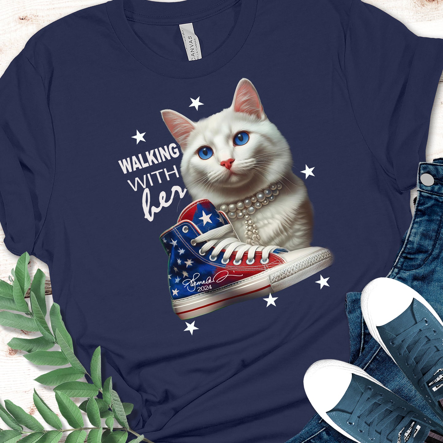 Kamala Harris 2024 Election Tee – Patriotic “Chucks, Pearls, & Cat Ladies” Design with Kamala’s Signature