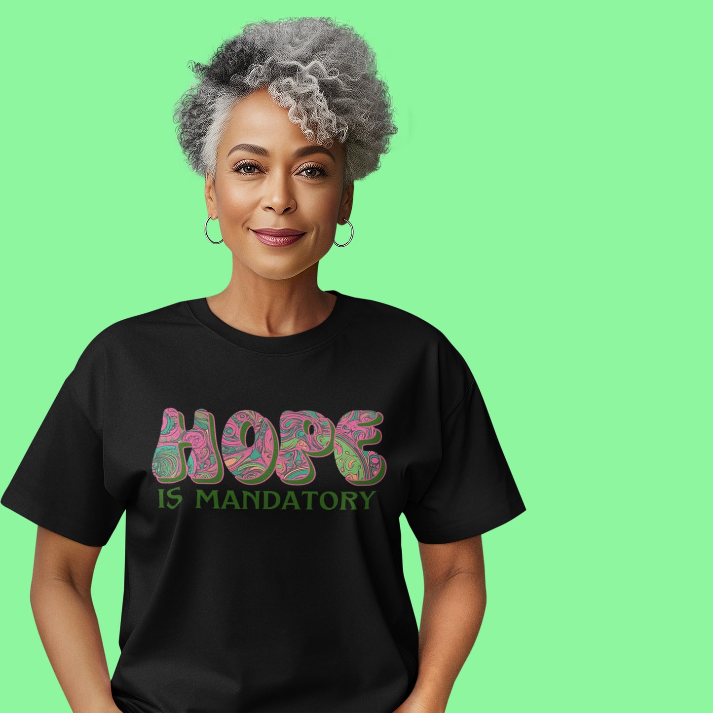 HOPE is Mandatory Inspirational Tee-70s Retro, Psychedelic & Vintage Look-Pink & Green Highlights