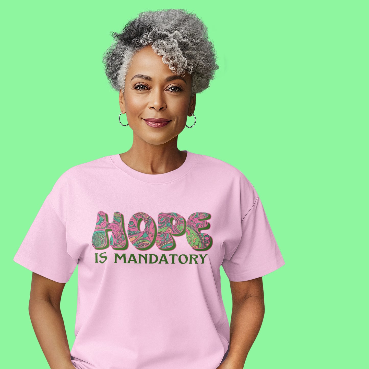 HOPE is Mandatory Inspirational Tee-70s Retro, Psychedelic & Vintage Look-Pink & Green Highlights