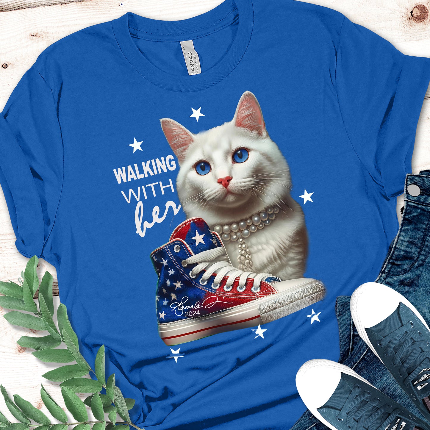 Kamala Harris 2024 Election Tee – Patriotic “Chucks, Pearls, & Cat Ladies” Design with Kamala’s Signature