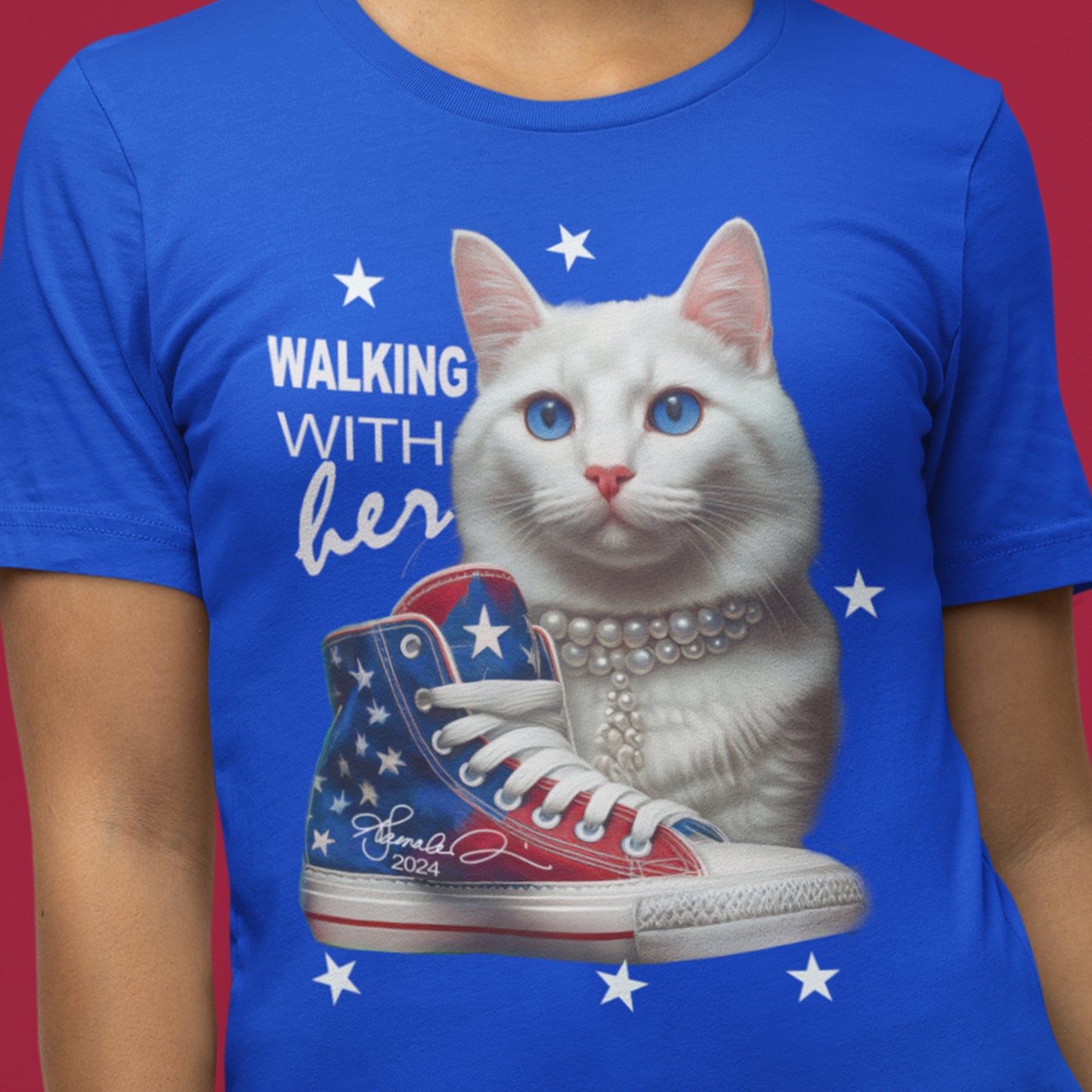 Kamala Harris 2024 Election Tee – Patriotic “Chucks, Pearls, & Cat Ladies” Design with Kamala’s Signature