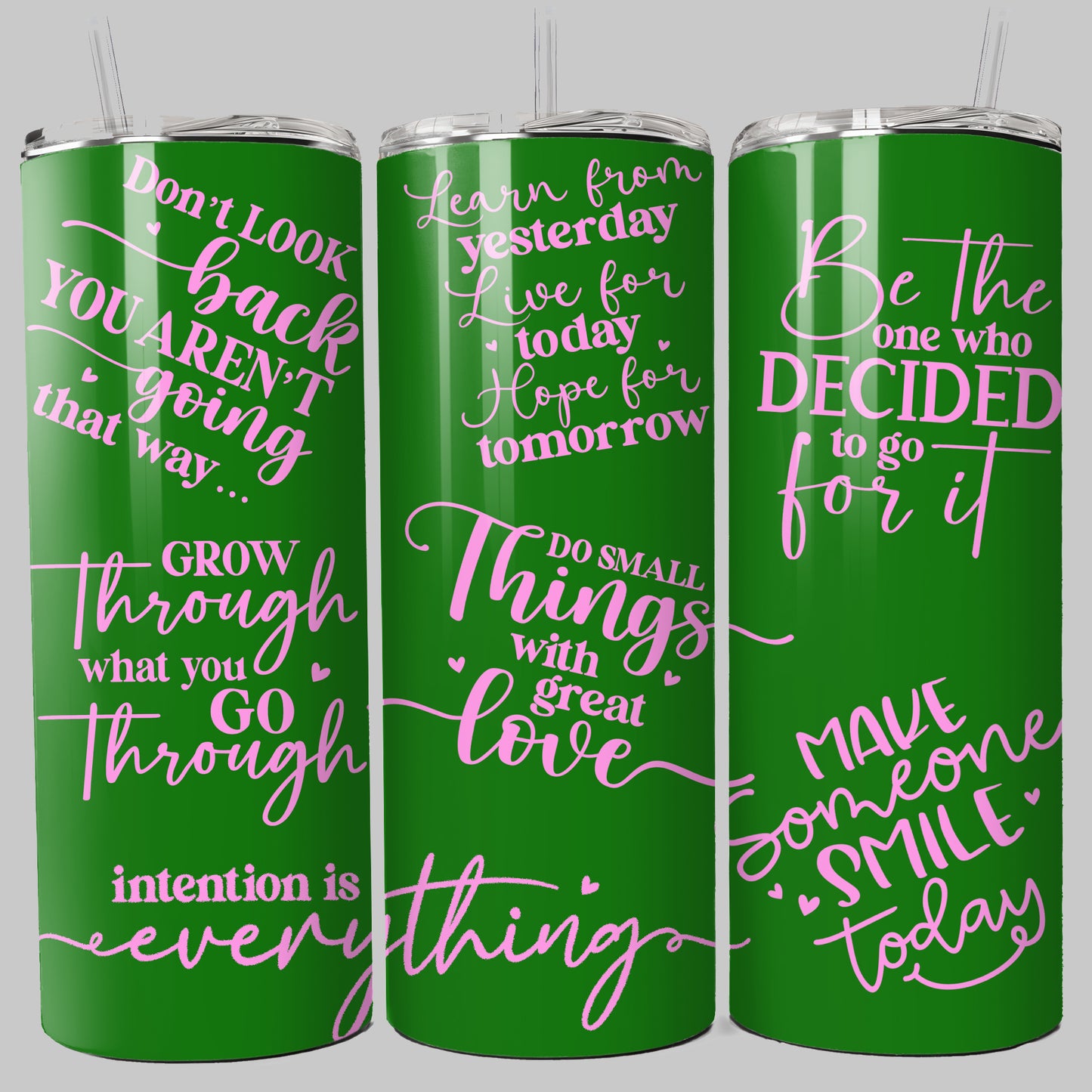 OOI- Green Skinny Tumbler with Straw, 20oz Pink Text